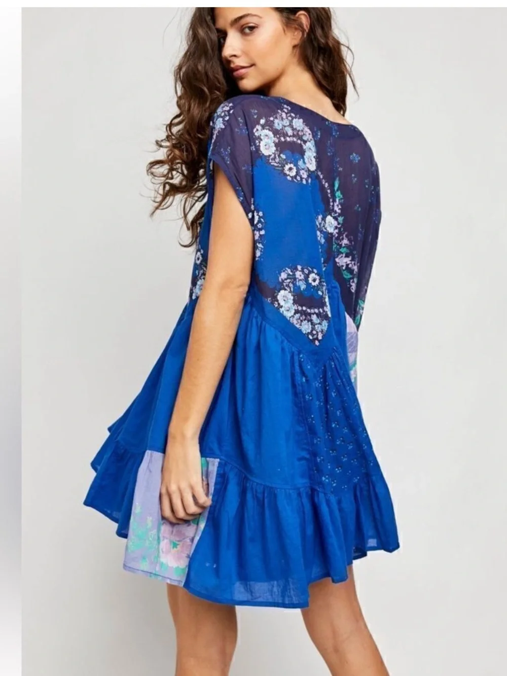 FREE PEOPLE Mended Scarves Patchwork Mini Dress Blue Dark Combo Large MSRP$148